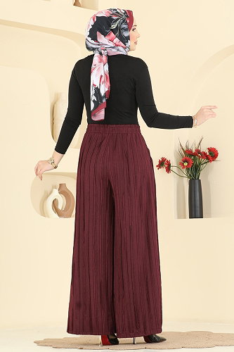 moda selvim Cep Detaylı Salaş Pantolon 0654ERK1158 Bordo - Thumbnail