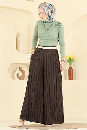 moda selvim Cep Detaylı Salaş Pantolon 0654ERK1158 Kahve - Thumbnail