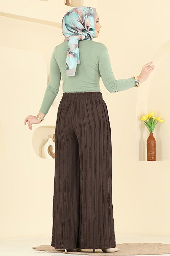 moda selvim Cep Detaylı Salaş Pantolon 0654ERK1158 Kahve - Thumbnail