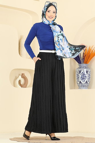 moda selvim Cep Detaylı Salaş Pantolon 0654ERK1158 Siyah - Thumbnail