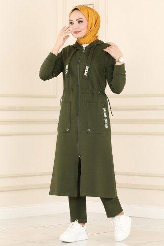 moda selvim Cep Detaylı Spor Takım 218NZR779 Haki - Thumbnail