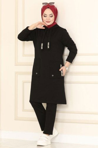 moda selvim Cep Detaylı Spor Takım 7058NZR779 Siyah - Thumbnail