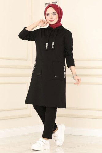 moda selvim Cep Detaylı Spor Takım 7058NZR779 Siyah - Thumbnail