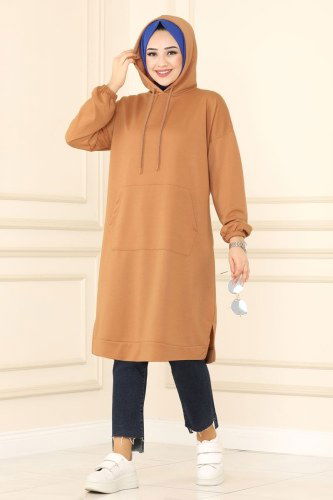 moda selvim Cep Detaylı Spor Tunik 0161UZ662 Latte - Thumbnail
