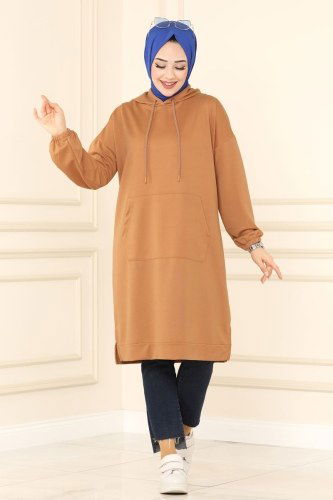 moda selvim Cep Detaylı Spor Tunik 0161UZ662 Latte - Thumbnail