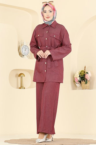 moda selvim Cep Detaylı Tensel Takım 6296BSK463 Bordo - Thumbnail
