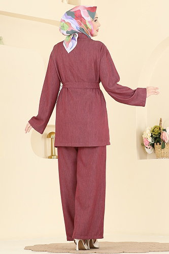moda selvim Cep Detaylı Tensel Takım 6296BSK463 Bordo - Thumbnail