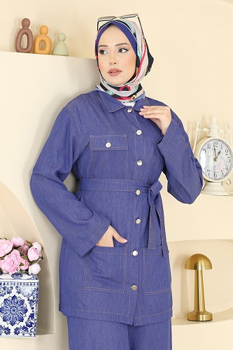 moda selvim Cep Detaylı Tensel Takım 6296BSK463 İndigo - Thumbnail