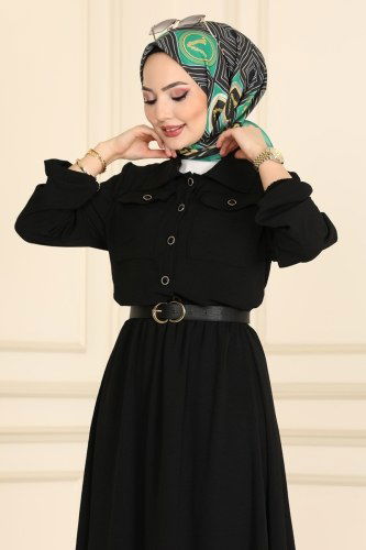 moda selvim Cep Detaylı Tesettür Takım 8057MU795 Siyah - Thumbnail