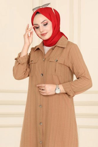 moda selvim Cep Detaylı Tesettür Tunik 4010RMZ787 Latte - Thumbnail
