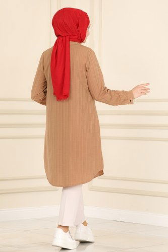 moda selvim Cep Detaylı Tesettür Tunik 4010RMZ787 Latte - Thumbnail