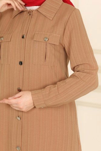 moda selvim Cep Detaylı Tesettür Tunik 4010RMZ787 Latte - Thumbnail