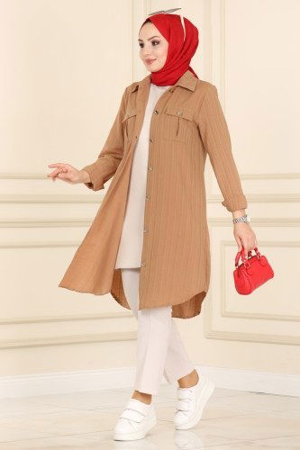 moda selvim Cep Detaylı Tesettür Tunik 4010RMZ787 Latte - Thumbnail