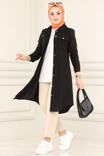 moda selvim Cep Detaylı Tesettür Tunik 4010RMZ787 Siyah - Thumbnail