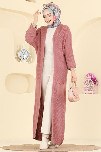 moda selvim Cep Detaylı Triko Hırka 2766AYD574 Gül Kurusu - Thumbnail