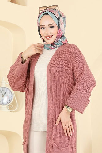 moda selvim Cep Detaylı Triko Hırka 2766AYD574 Gül Kurusu - Thumbnail