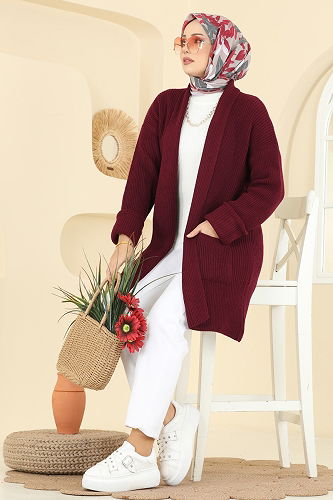 moda selvim Cep Detaylı Triko Hırka 4442BRZ597 Bordo - Thumbnail