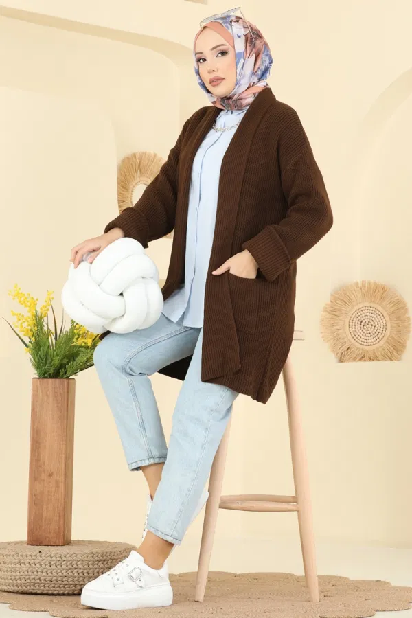 Modaselvim Hırka/Yelek Cep Detaylı Triko Hırka 4442BRZ597 Kahve