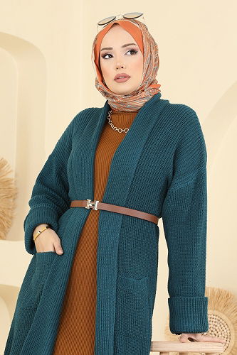 moda selvim Cep Detaylı Triko Hırka 4442BRZ597 Petrol - Thumbnail