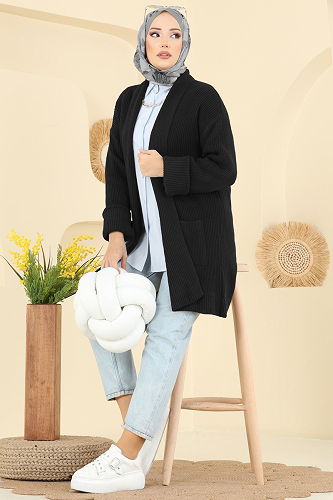 moda selvim Cep Detaylı Triko Hırka 4442BRZ597 Siyah - Thumbnail