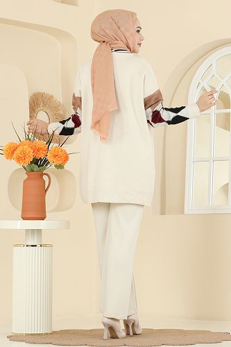 moda selvim Cep Detaylı Triko Takım 01318MT581 Taş - Thumbnail