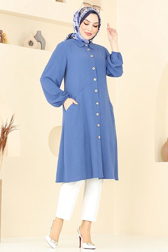 moda selvim Cep Detaylı Tunik Kap 1250BM387 İndigo - Thumbnail