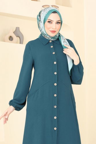 moda selvim Cep Detaylı Tunik Kap 1250BM387 Petrol - Thumbnail
