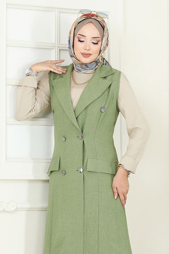 moda selvim Cep Detaylı Üçlü Takım 2699SL432 Çağla&Taş - Thumbnail