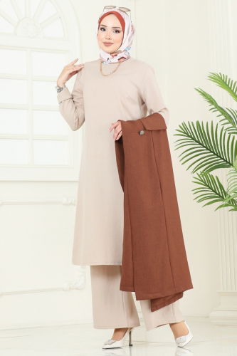 moda selvim Cep Detaylı Üçlü Takım 2699SL432 Taba&Taş - Thumbnail