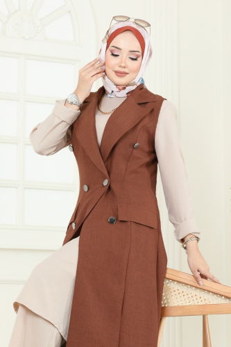 moda selvim Cep Detaylı Üçlü Takım 2699SL432 Taba&Taş - Thumbnail