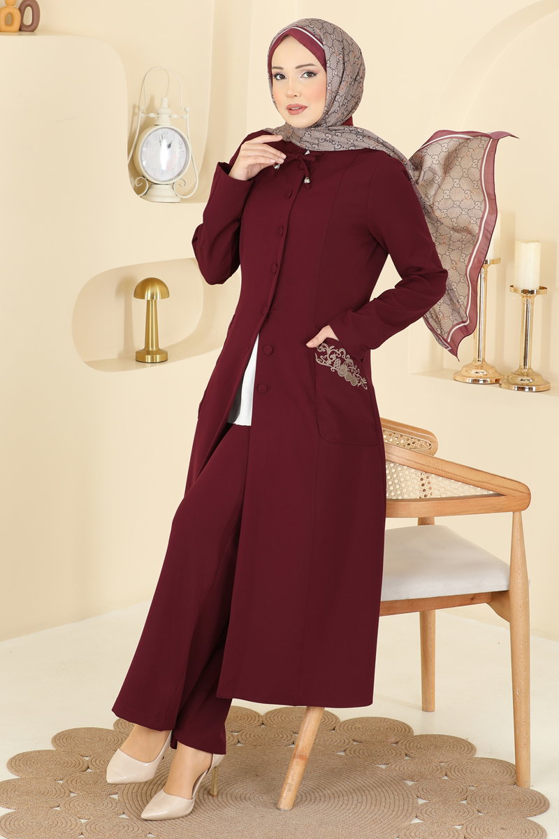 Cepleri Nakışlı İkili Takım 2806SL432 Bordo