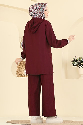 moda selvim Cepleri Taşlı Dokuma Takım 3257HBS856 Bordo - Thumbnail