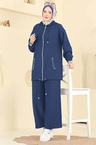 moda selvim Cepleri Taşlı Dokuma Takım 3257HBS856 İndigo - Thumbnail