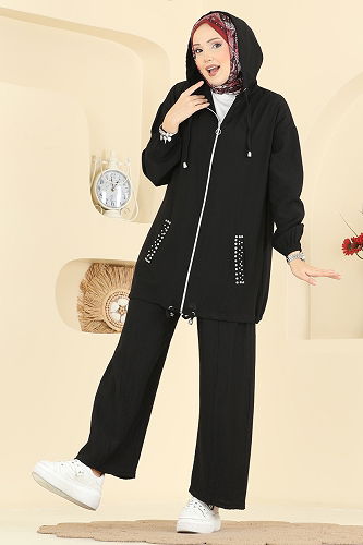 moda selvim Cepleri Taşlı Dokuma Takım 3257HBS856 Siyah - Thumbnail