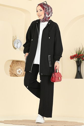 moda selvim Cepleri Taşlı Dokuma Takım 3257HBS856 Siyah - Thumbnail