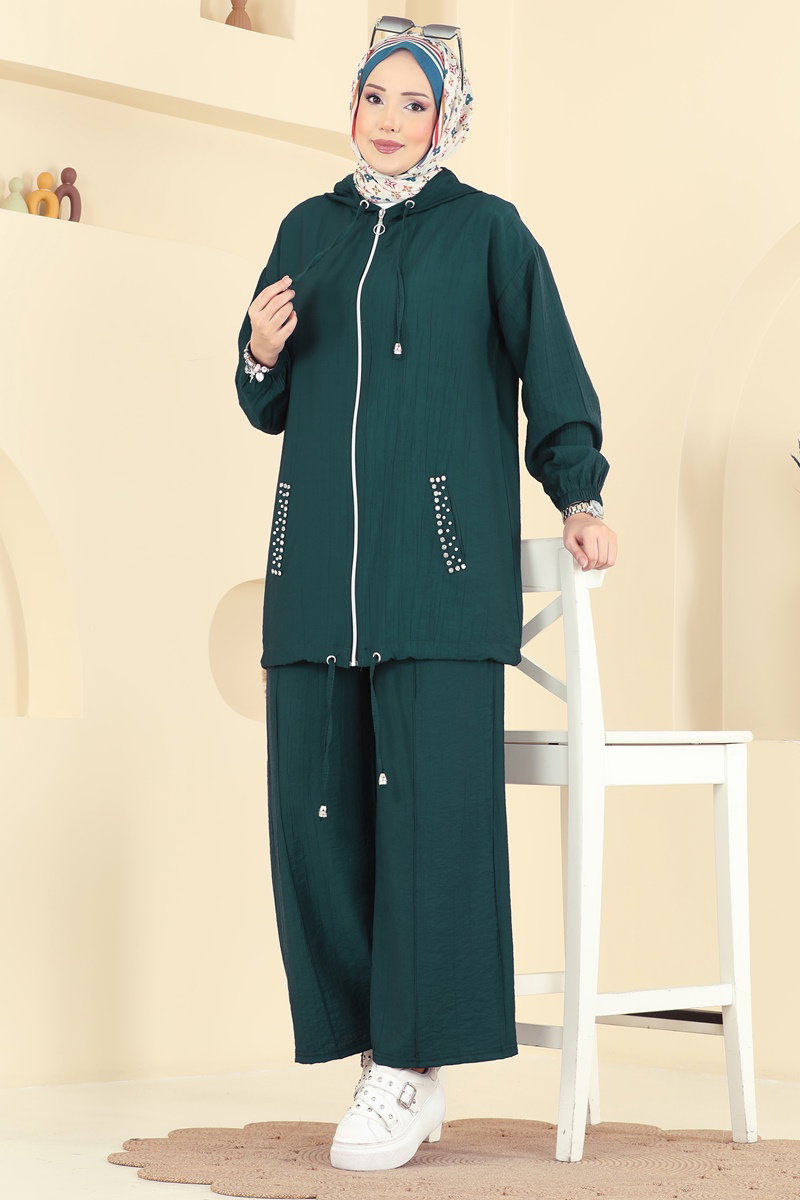 Cepleri Taşlı Dokuma Takım 3257HBS856 Zümrüt
