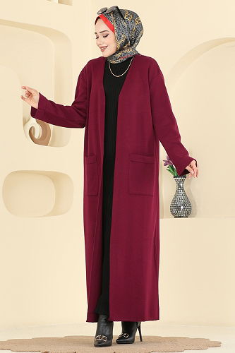 moda selvim Cepli Triko Hırka 7145BRZ597 Bordo - Thumbnail