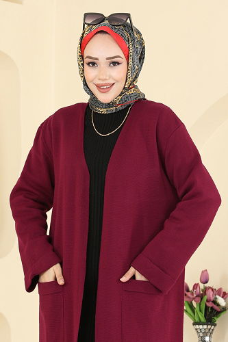 moda selvim Cepli Triko Hırka 7145BRZ597 Bordo - Thumbnail