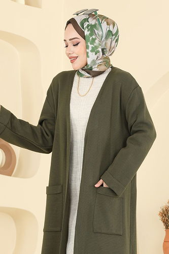 moda selvim Cepli Triko Hırka 7145BRZ597 Haki - Thumbnail