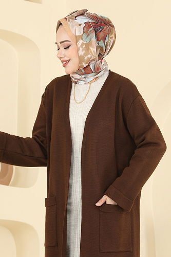 moda selvim Cepli Triko Hırka 7145BRZ597 Kahve - Thumbnail