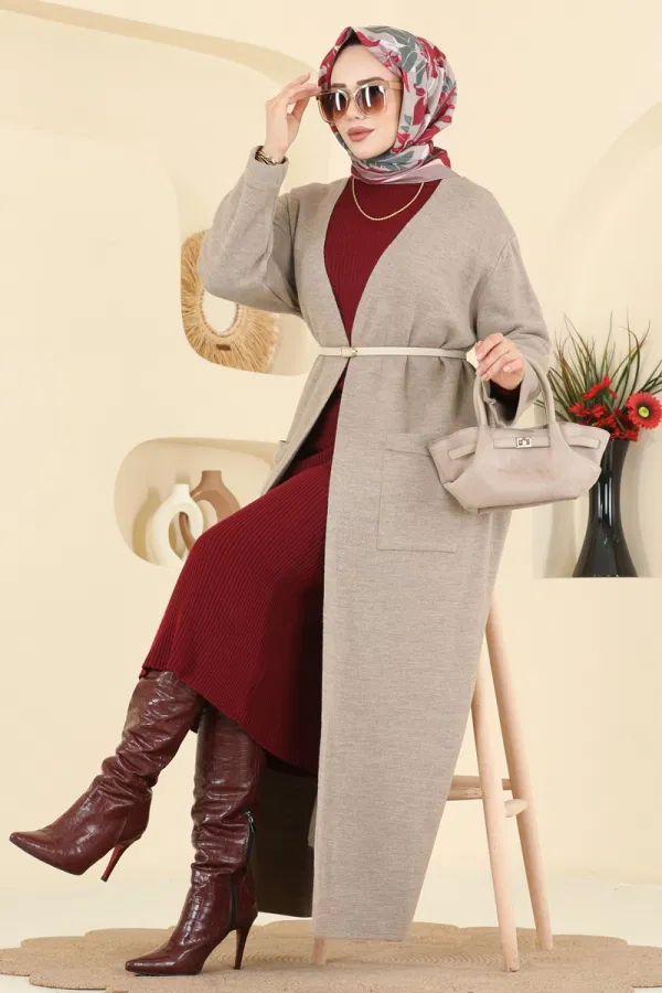 Modaselvim Hırka/Yelek Cepli Triko Hırka 7145BRZ597 Koyu Vizyon