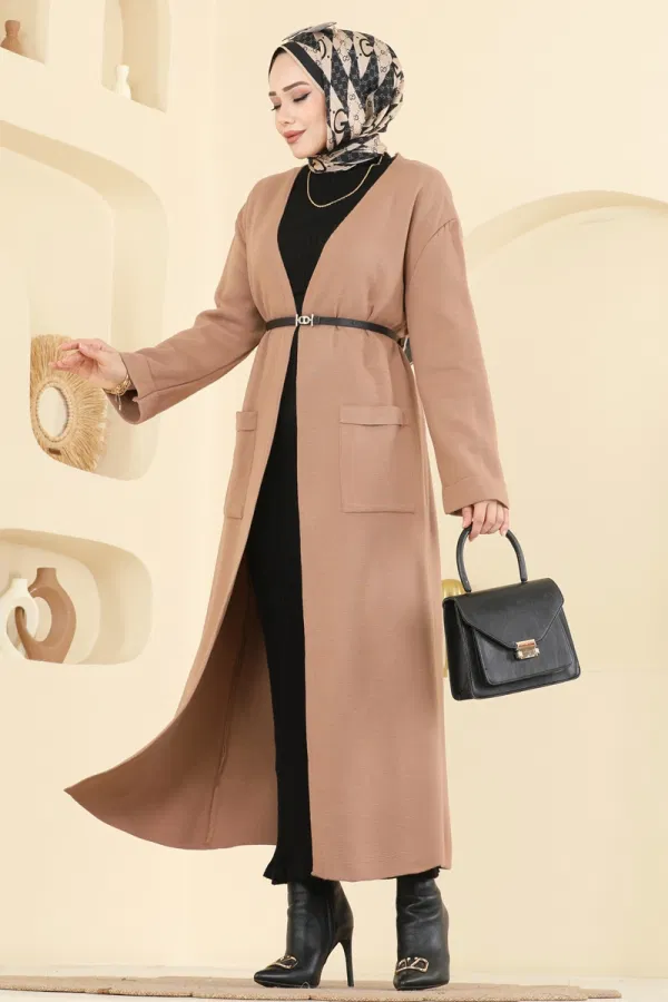 Modaselvim Hırka/Yelek Cepli Triko Hırka 7145BRZ597 Latte