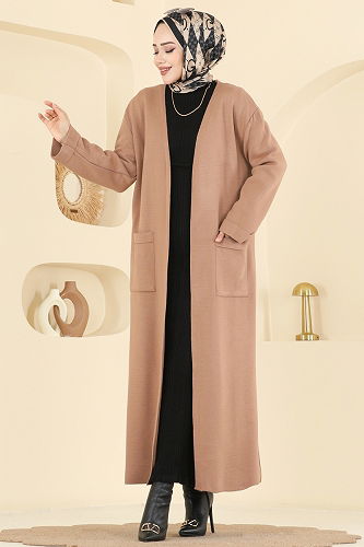 moda selvim Cepli Triko Hırka 7145BRZ597 Latte - Thumbnail