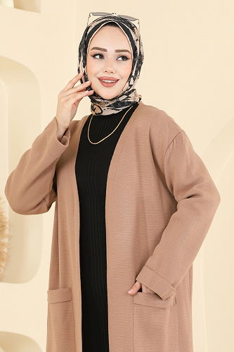 moda selvim Cepli Triko Hırka 7145BRZ597 Latte - Thumbnail