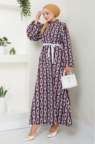 moda selvim Chain Patterned Crepe Dress 1117BG354 Brown - Thumbnail