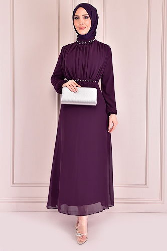 moda selvim Chiffon Dress with Belt EFS1221-M Magenta - Thumbnail