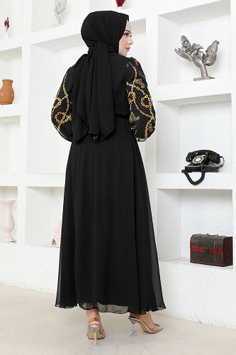 moda selvim Chiffon Dress with Patterned Sleeves END5589-M Gold - Thumbnail