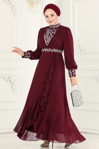 moda selvim Chiffon Evening Dress 5671AB368 Burgundy with Stones and Flounced Skirt - Thumbnail