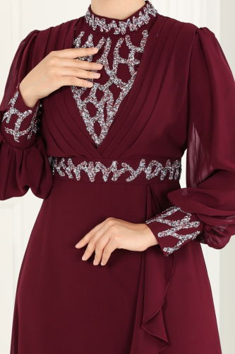 moda selvim Chiffon Evening Dress 5671AB368 Burgundy with Stones and Flounced Skirt - Thumbnail