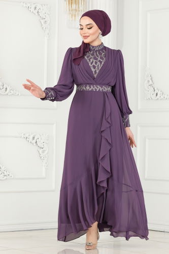 A.B. - Chiffon Evening Dress 5671AB368 Lilac with Stones and Flared Skirt